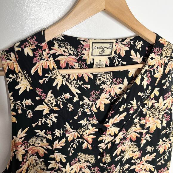 Vintage April Cornell Women Midi Dress Medium Black Floral Tie Back Button Front - Picture 4 of 9